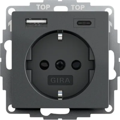 GIRA SCHUKO Steckdose 245928 | USB Ladefunktion Typ A+C | Unterputz | Safety Plus | System 55 | anthrazit