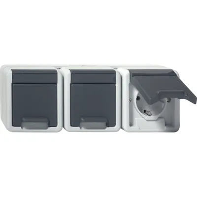 GIRA SCHUKO Dreifachsteckdose 478930 | Aufputz | Klappdeckel | IP44 | 16A 250V | waagerecht | Kunststoff | grau