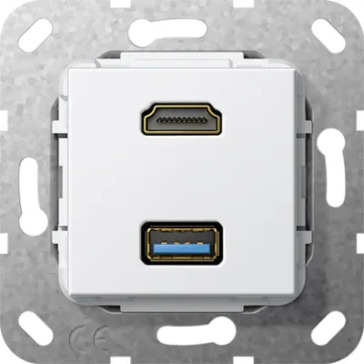 GIRA Einsatz HDMI 2.0a+HDR | USB 3.0 Typ A Kupplung | Unterputz System 55 | Gender Changer | Reinweiß glänzend