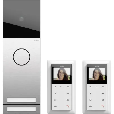 GIRA Video-Türsprechanlage Zweifamilienhaus | System 106 | Edelstahl | Bus-System | 2 Innenstationen Weiß | Kamera