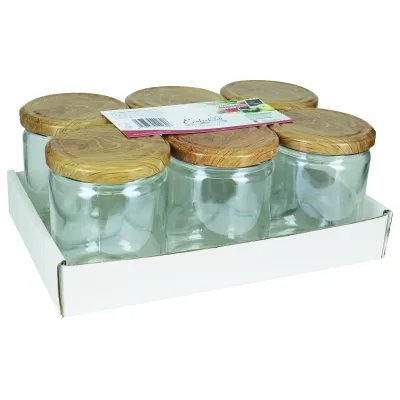 EINKOCHWELT Schraubdeckelglas 446ml | Vorratsglas mit Holzdeckel 82mm | 6er Tray | spülmaschinengeeignet | klar