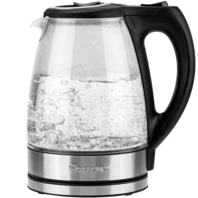 Clatronic Glas-Wasserkocher WKS 3744 G | 1,7L | 2200 Watt | Edelstahl-Glas | schnurlos | 360° Sockel | schwarz/silber