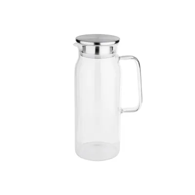 APS Glaskaraffe 10792 | Wasserkrug 1,5l | Borosilikatglas & Edelstahl | Ausgießer mit Sieb | Ø10x26cm | Transparent