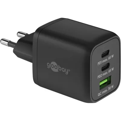 goobay USB-C Multiport-Schnellladegerät 65W GaN | Power Delivery | 2x USB-C PD & USB-A QC 3.0 | Ultra kompakt | Weiß