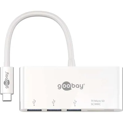Goobay USB-C Multiport Adapter 62097 | Card Reader | 3x USB-A 3.0 | SD MicroSD MMC | MacBook kompatibel | Weiß