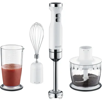 Graef Stabmixer HB501EU | 800W | 5 Stufen | Edelstahlfuß | Set mit Schneebesen, Zerkleinerer & 700ml Becher | weiß