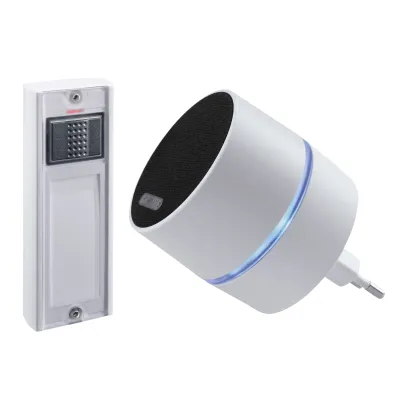 Grothe Funkgong Set CALIMA 400 43600 | Funkklingel kabellos 500m | 2-Tasten | Sprachansage | 13 Melodien | LED | Weiß