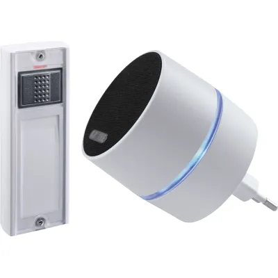 Grothe Funkgong Set CALIMA 400 43600 | Funkklingel kabellos 500m | 2-Tasten | Sprachansage | 13 Melodien | LED | Weiß