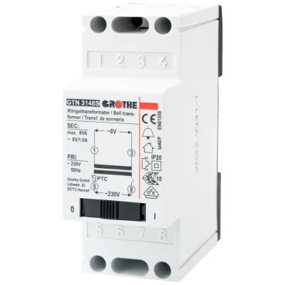 Grothe Klingeltransformator GTN 3148 S | 230V auf 8V 1A | mit Netzschalter | kurzschlusssicher | für DIN-Hutschiene