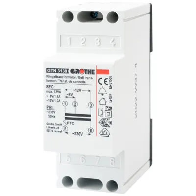 Grothe Klingeltransformator GT 3139 | 230V | 8V/1,5A & 12V/1A | kurzschlussfest | 2TE | für Hutschiene
