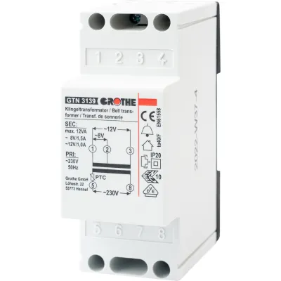 Grothe Klingeltransformator GT 3139 | 230V | 8V/1,5A & 12V/1A | kurzschlussfest | 2TE | für Hutschiene