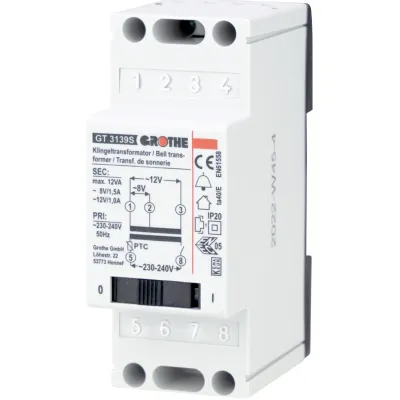 Grothe GT 3139 S Klingeltransformator | 230V auf 8/12V AC | kurzschlussfest | 2 TE | Aufputz oder Reiheneinbau