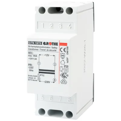 Grothe GTN 1975 Sicherheitstransformator | 230V/12V AC | 1,5A | kurzschlusssicher | 2TE REG | Dauerbetrieb