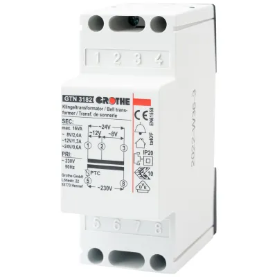 Grothe Klingeltransformator GT 3182 | 230V | 8/12/24V AC | 2/1,3/0,6A | kurzschlussfest | Reiheneinbau | 2 Module