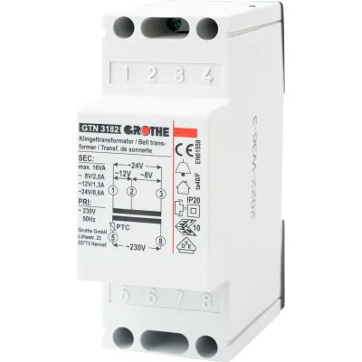 Grothe Klingeltransformator GT 3182 | 230V | 8/12/24V AC | 2/1,3/0,6A | kurzschlussfest | Reiheneinbau | 2 Module