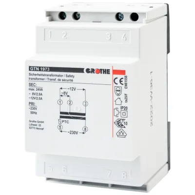 Grothe GTN 1973 Sicherheitstransformator 230V auf 8/12V AC | 2A | REG 3TE | kurzschlusssicher | für Elektroverteiler