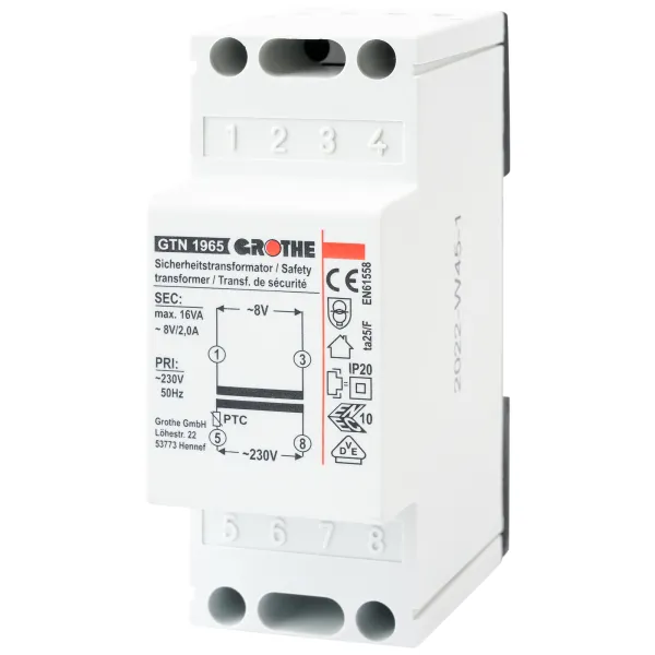 Grothe Sicherheitstransformator GT 1965 14102 | 8V 2A | kurzschlusssicher | Hutschiene | Dauerbetrieb | 90x36x55mm