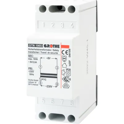 Grothe Sicherheitstransformator GT 1965 14102 | 8V 2A | kurzschlusssicher | Hutschiene | Dauerbetrieb | 90x36x55mm