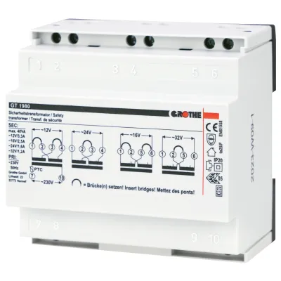 Grothe Sicherheitstransformator GT 1980 | 230V | 12-32V AC | kurzschlusssicher | Einbau | Dauerbetrieb | 5TE