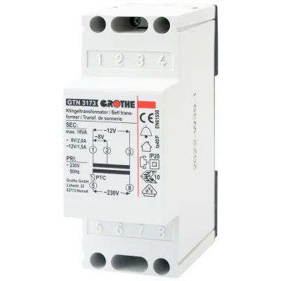Grothe Klingeltransformator GT 3173 | 230V | 4/8/12V AC | kurzschlusssicher | 2TE | Aufputz | 90x36x55mm
