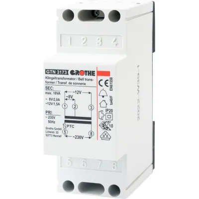 Grothe Klingeltransformator GT 3173 | 230V | 4/8/12V AC | kurzschlusssicher | 2TE | Aufputz | 90x36x55mm