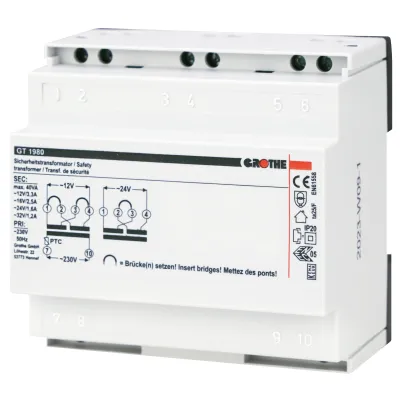 Grothe Sicherheitstrafo GT 1990 | 230V auf 12V/24V | 5,2A/2,6A | kurzschlusssicher | Reiheneinbau | 5TE | Dauerbetrieb