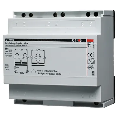 Grothe Sicherheitstrafo GT 1990 | 230V auf 12V/24V | 5,2A/2,6A | kurzschlusssicher | Reiheneinbau | 5TE | Dauerbetrieb