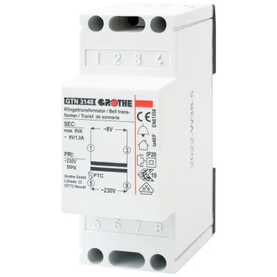 Grothe Klingeltransformator GT 3148 | 230V auf 8V AC 1A | kurzschlussfest durch PTC | REG Einbau | 2TE | 90x36x55mm