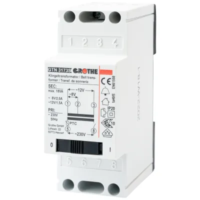 Grothe Klingeltransformator GT 3173 S 14083 | 4/8/12V AC | 2 Module REG | kurzschlussfest | Netzschalter | Aufputz