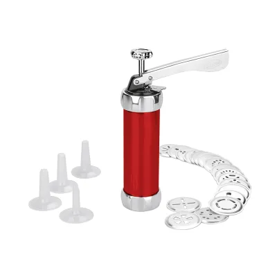 GSD Gebäckpresse Metall 32400 | Keksformer mit 2 Größen | 20 Matrizen | 4 Spritztüllen | Rezeptbuch | rot