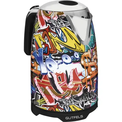 Gutfels Wasserkocher WATER 3010G | Edelstahl 1,7l | 2200W | Kalkfilter | 360° Basis | Graffiti-Look | silber