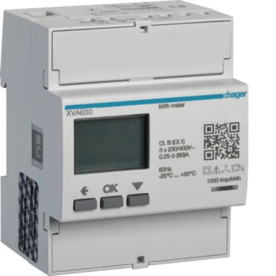 HAGER Drehstromzähler XVA630 | 3-Phasen Energiezähler | digital geeicht | Modbus | 80A | REG | für PV & Ladestation