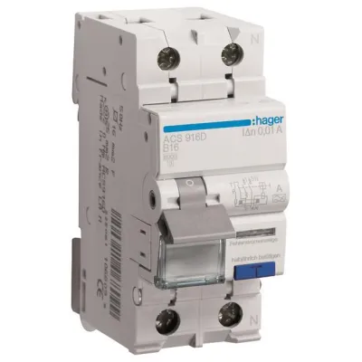 Hager FI/LS-Schalter ACS916D | 1P+N | 16A | B | 10mA | Typ A | 6kA | QuickConnect | 2-polig | DIN EN 61009-1