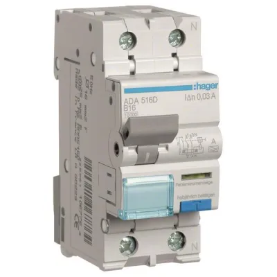Hager FI/LS-Schalter ADA516D | Fehlerstrom-Leitungsschutzschalter 1P+N B16A 30mA Typ A | 10kA | 240V | 2TE | IP20