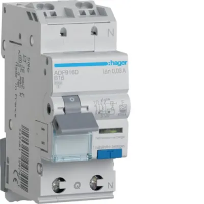HAGER FI/LS-Schalter ADF916D | 1P+N | B16 16A | 30mA Typ F | 6kA | RCBO | IP20 | 230V