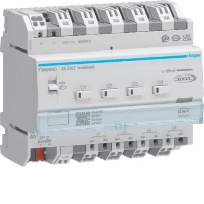 Hager DALI Aktor 4-fach TYAS664D | KNX Secure | easy Broadcast | RGBW Steuerung | 300W | REG 6TE | Dimmer