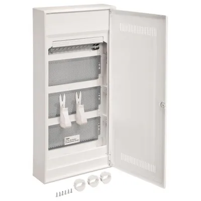 Hager Multimediaverteiler Aufputz VA48WWH | 4-reihig 48TE | Kunststofftür geschlitzt | Patchpanel | IP30 | weiß