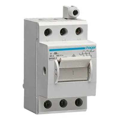 Hager Ausschalter SH363K | 3-polig | 63A | 400V AC | 3 Schließer | Kompaktgehäuse | Zusatzklemme | 2,5TE | IP20