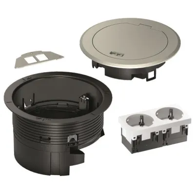 Hager Installationsdose BSR02D01 | Unterflur-Gerätedose R02 | 2x SCHUKO Steckdose Keystone | Metall Klappdeckel | silber