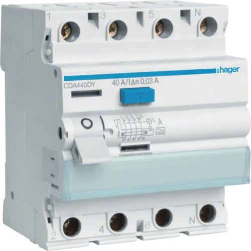 Bild: Hager CDA440DY FI-Schutzschalter 40A 30mA Typ A 3P+N 4TE Testkreis L1-N