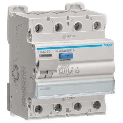 Hager FI-Schutzschalter CDA625D | Fehlerstromschutzschalter 4-polig 10kA 25A 30mA Typ A | 400V | REG | VDE