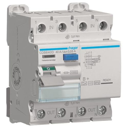 Bild: HAGER CDB640D FI-Schutzschalter 4p 10kA 40A 30mA TypB+