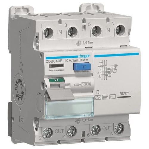 Bild: Hager CDB640E FI-Schutzschalter 4p 10kA 40A 30mA Typ B