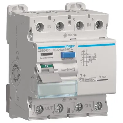Hager FI-Schutzschalter CDB663D | Fehlerstromschutzschalter 4-polig Typ B+ | 10kA 63A 30mA | allstromsensitiv | 400V
