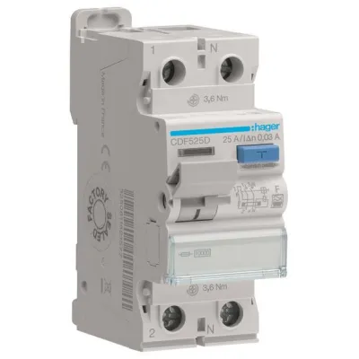 Hager FI-Schutzschalter CDF525D | 2-polig | 25A | 30mA Typ F | 10kA | Fehlerstromschutzschalter | weiß