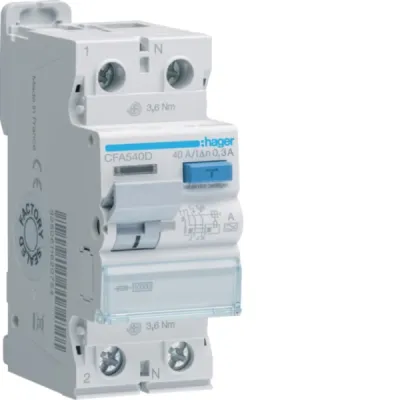 HAGER FI-Schutzschalter CFA540D | 2-polig Typ A | 40A | 300mA | 230V | 10kA | DIN-Schiene | IP20