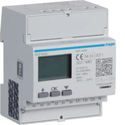 Hager Energiezähler ECP302C 3-phasig | Messwandler | MID geeicht | S0 Ausgang | 1A/5A | 4TE | digital | 72mm