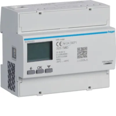Hager Energiezähler 3-phasig ECP312D | 125A | MID zertifiziert | 6 Module | S0 Schnittstelle | 2-Tarif