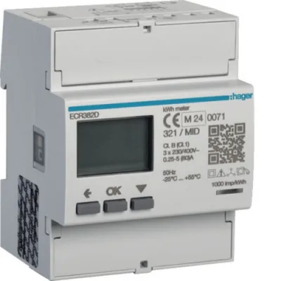 Hager Energiezähler 3-phasig ECR382D | MID zertifiziert | 80A direkt | 4 Module | MODBUS | Zweirichtungszähler