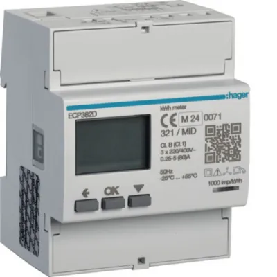 Hager Energiezähler 3-phasig ECP382D | Drehstromzähler | MID zertifiziert | direkt 80A | 4M | S0 | Modbus | rücksetzbar